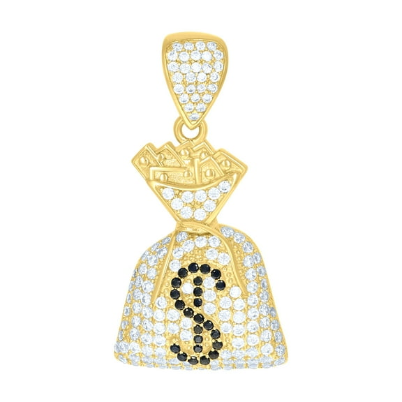 10kt Yellow Gold Mens Black White Cubic-Zirconia Money Bag Currency Charm Pendant