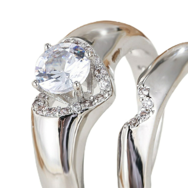 Anvazise 1 Pair Engagement Ring Dainty Valentine\'s Day Gift Sparkling  Rhinestone Love Heart Women Men Finger Ring Fashion Jewelry Golden US 6