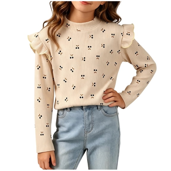 Girls Cute Blouses​ Printed Crew Neck Loose Fit Pullover Ruffle Fall School Long Sleeve Trendy Outfits White 3-4Years