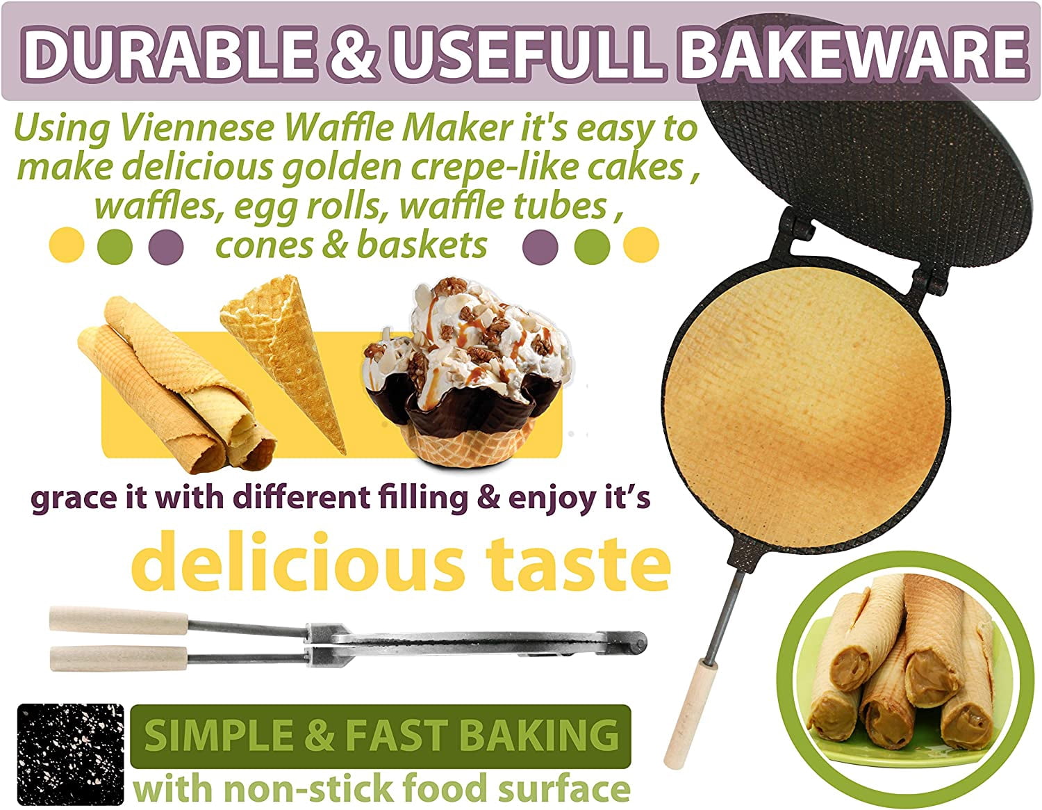 Round Waffle Maker with Nonstick Granite Coating - 8 Inch Electric Stove Compatible Krumkake Iron for Homemade Waffles and Ice Cream Cones