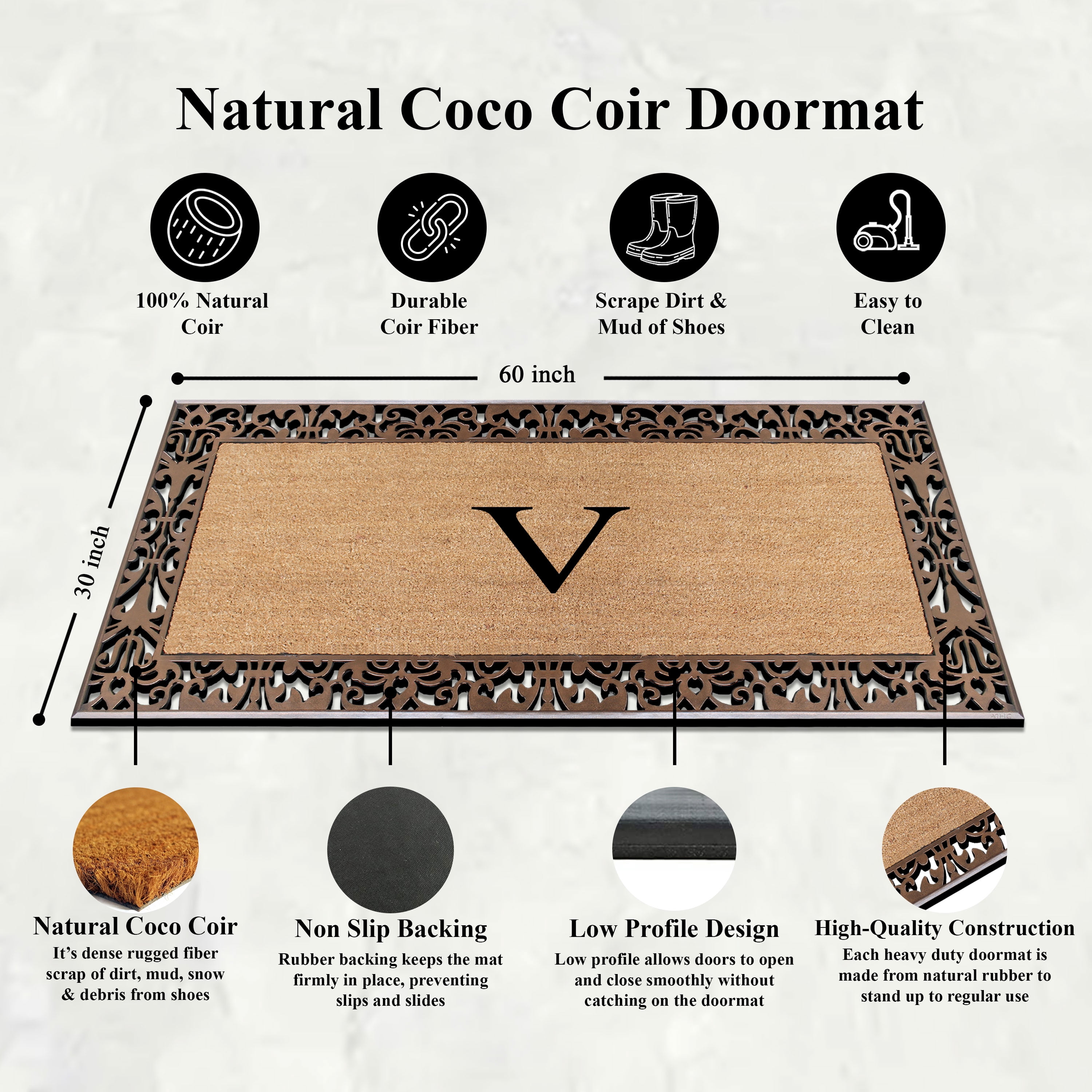 A1HC Natural Coir and Rubber Paisley Monogrammed Doormat, 30"x60", Heavy Duty Outdoor Front Door Mat, Durable Easy-Clean Bronze Rug