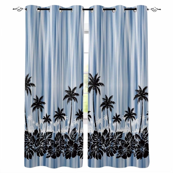 Palm Trees Navy Blue Blackout Curtains Light Blocking Print Window Curtains, Summer Coastal Tropical Thermal Insulated Window Drapes for Living Room Kitchen Cafe (2 Panels, 55"W x 39"L)