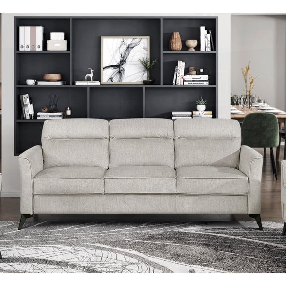 Living Room Sofa with Tan Microfiber Upholstery, Black Metal Legs and Generous Cushions