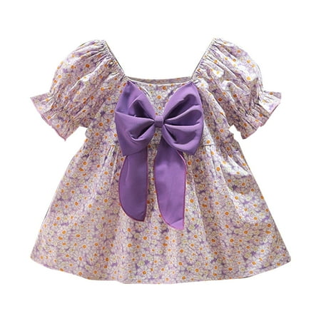 

ZRBYWB Summer Girls Dresses Fashion Floral Bow Knot Short Sleeve Puff Sleeve Backless Princess Dress Party Dress