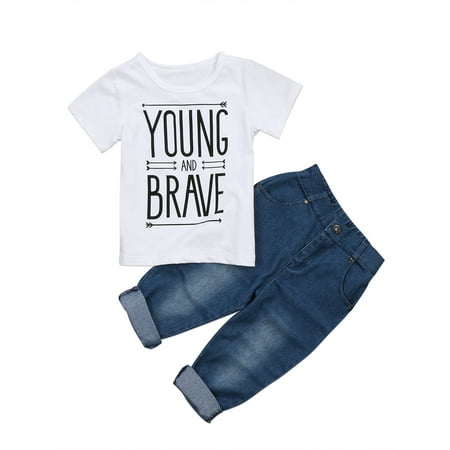 

Toddler Kids Baby Boy 2Pcs Clothes Set Short Sleeve T-Shirt Tops Denim Pants Trousers Outfits