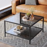 Modern Coffee Table Small Glass Coffee Table with Storage 2-Tier Simple Square Center Table for Living Room Home Office Sofa Table with Metal Frame 26.7 x 26.7 x 15.7 Inches, Gray Black