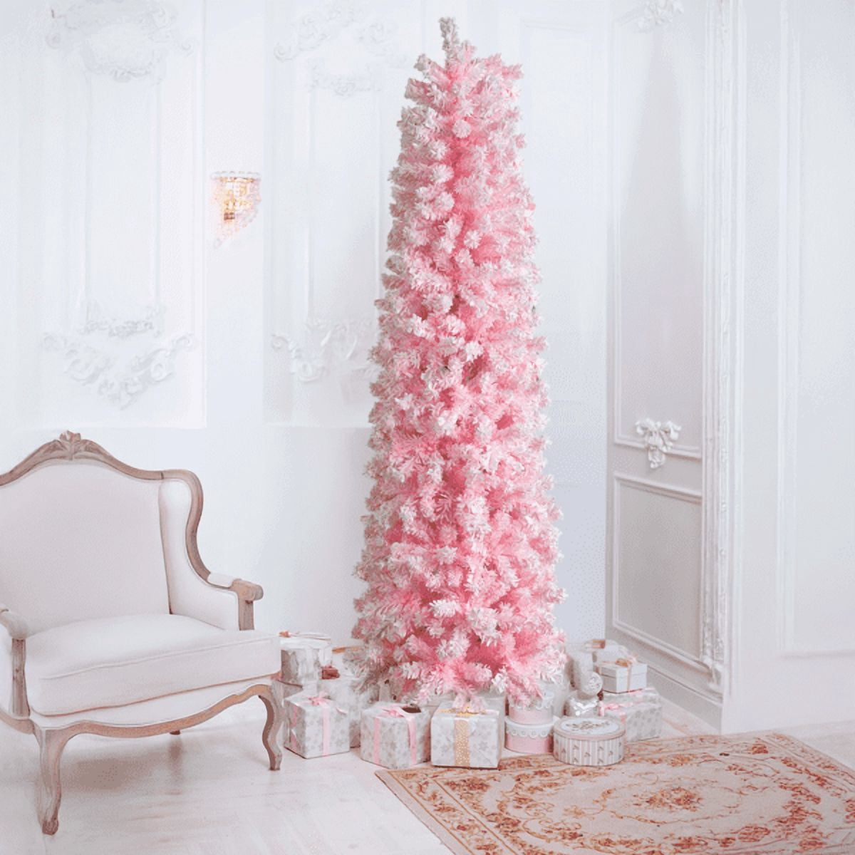 7.5FT Slim Pencil Christmas Tree Snowy Pink Flocked PVC 641 Branch Tips for Small Spaces Apartments Offices
