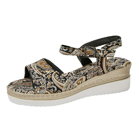 

Fandiiiii Clear Wedge Sandals for Women Size 6 Ladies Summer Retro Printed Ethnic Style Large Size Slope Heel Buckle Sandals