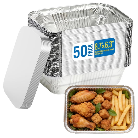 cisilov Aluminum Pans with Lids 50 Pack, 8.6''x6.3'' Disposable Tin Foil Baking Pans for Meal Prep, Oven-Safe Freezer & Takeout Containers