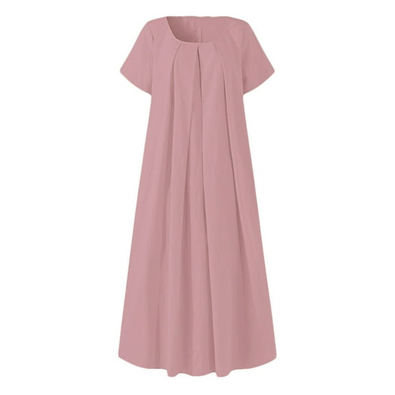 Inkach Ladies Casual Solid Color O-Neck Pleated Big Swing Short-Sleeve Dress