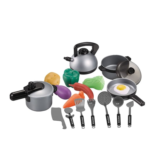 STPToys Realistic Kitchen Utensil Set,Gray Pretend Cooking Kit with Cutting Fruits and Vegetables, Interactive Games for Party Favors, Birthday Gifts