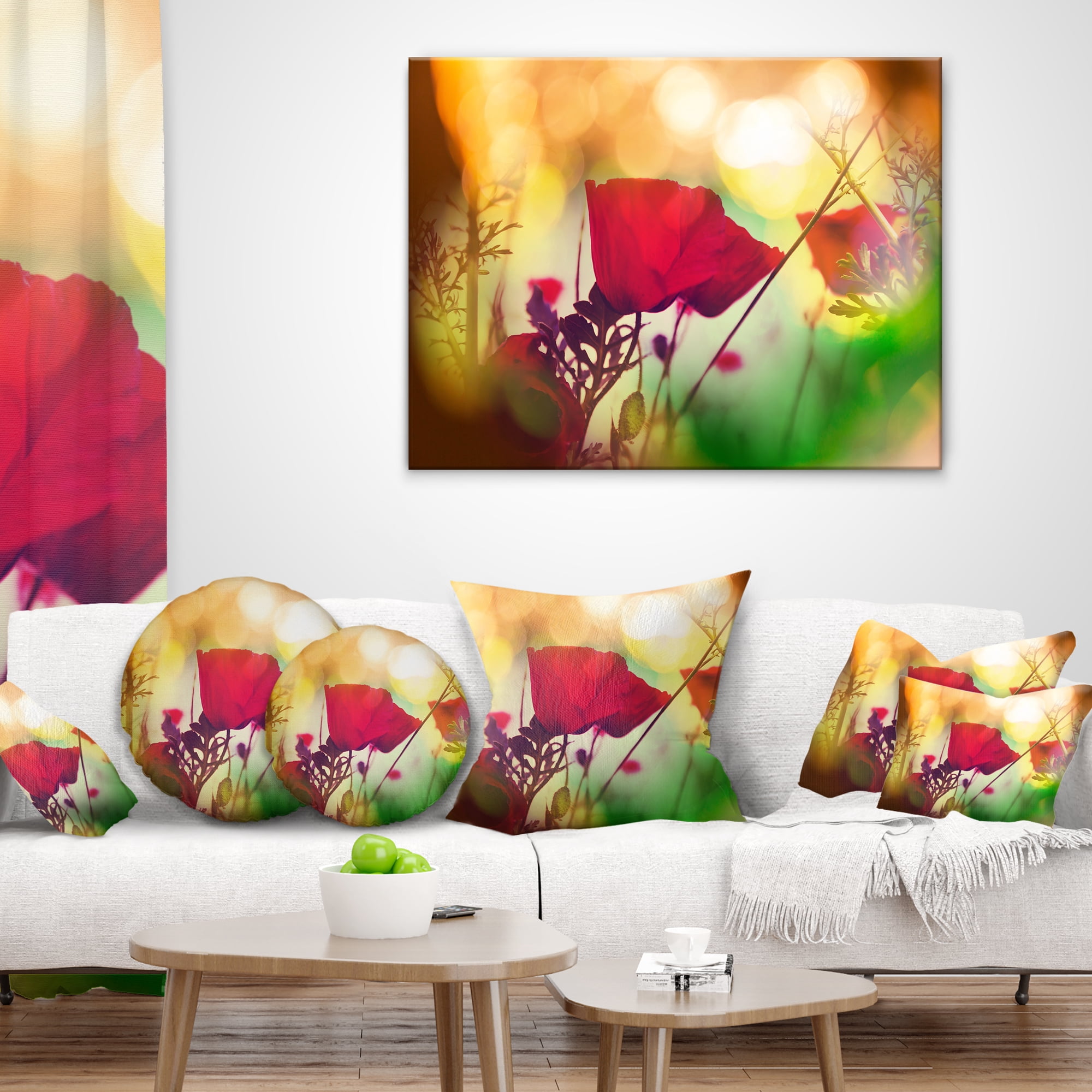 Designart Poppy Flowers with Bokeh Background - Floral Throw Pillow - 18x18