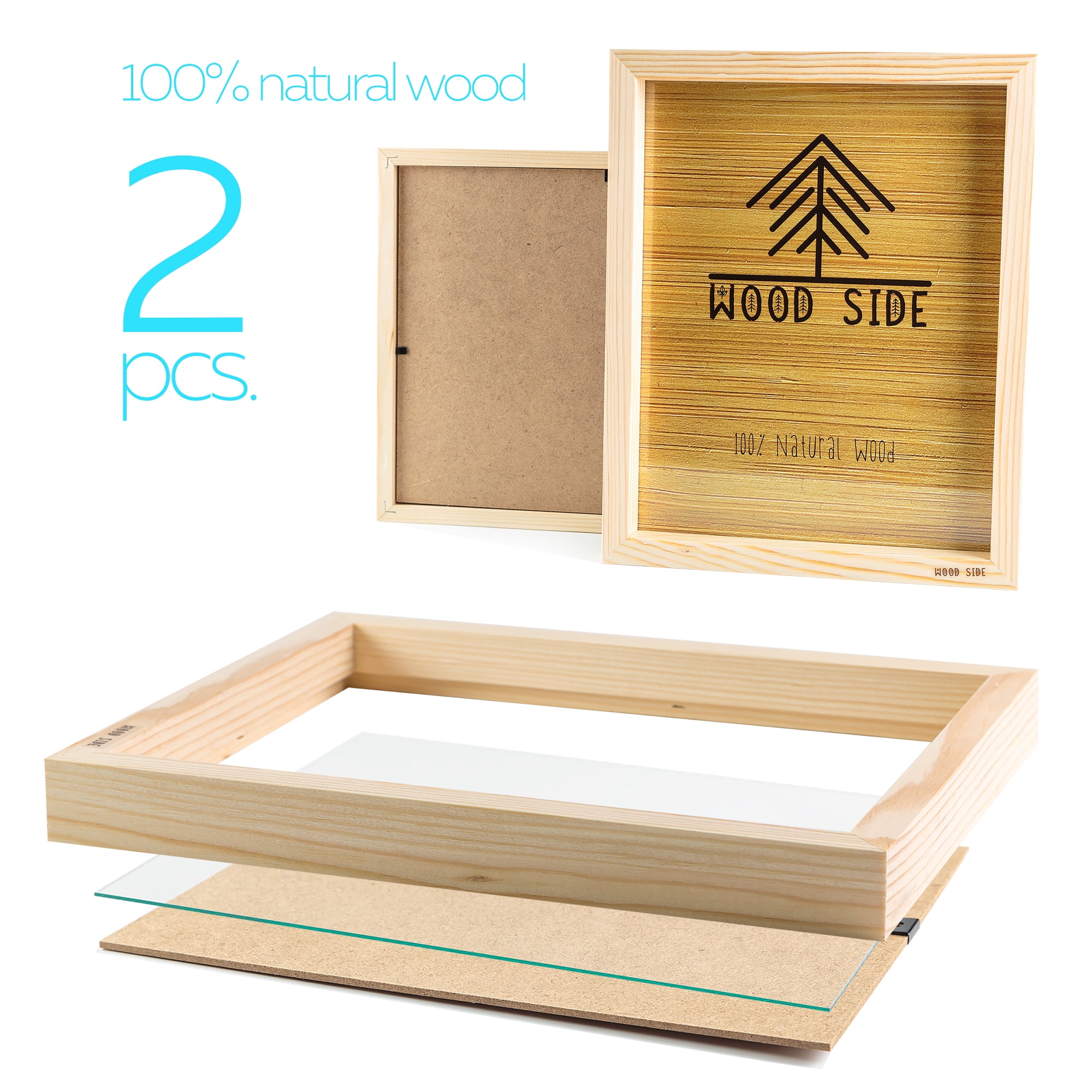 Wooden Picture Frames 8.5x11 - Set of 2 - 100% Eco Unfinished Wood - Thick Borders - Natural Wood Color for Wall mounting and Tabletop Display