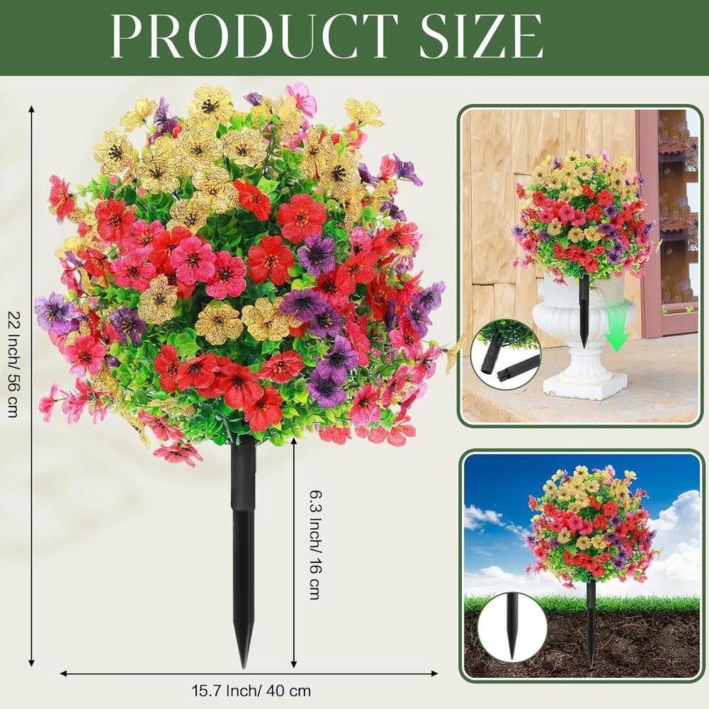 Artificial Flowers with Ground Spikes, Artificial Boxwood Topiary Ball Bush with Flowers for Outdoor, UV Resistant Faux Greenery Shrubs for Garden, Yard