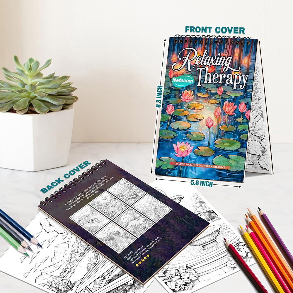 Netecom Relaxing Therapy Coloring Book Spiral Bound for Adults, A5 Wooden Cover, 30 Relaxing Coloring Pages of Mindful Scenes for Anxiety Relief and Anti-Stress