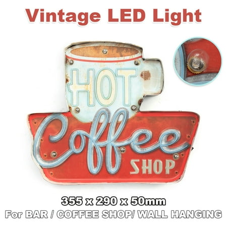 Hanging Wall Sign 355 x 290 x 50mm Hot Coffee Shop LED Metal Vintage Light Sign Bar Cafe Club Wall Hanging Decor ()