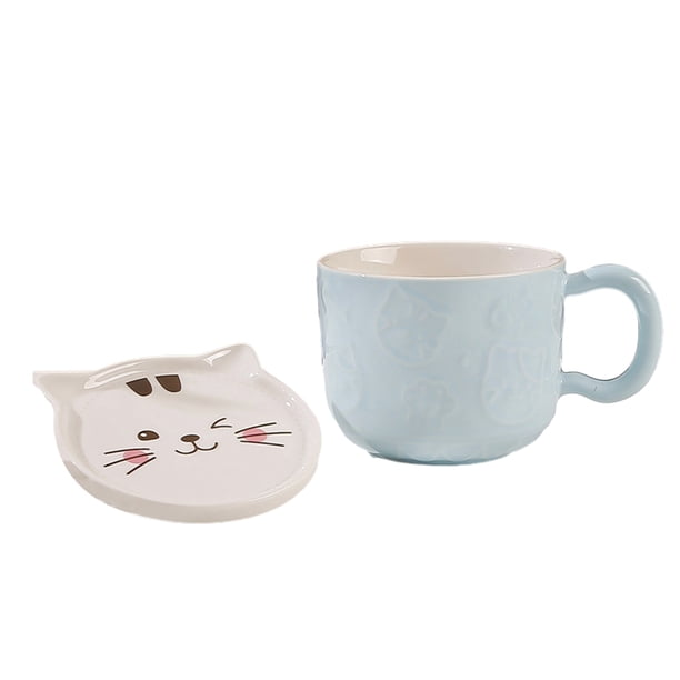 Taza de desayuno de gato con relieve de dibujos animados de cerámica de 480ml, taza de avena para el hogar del estudiante