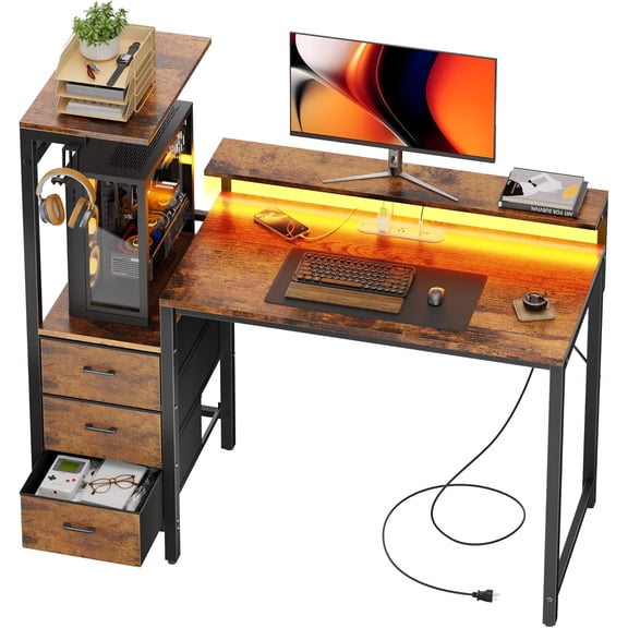 44 inch Gaming Desk with Led Lights & Outlets, Computer Desk with 3 Drawers & Shelves, Gamer Desk with Monitor Stand & Side Hooks for Game Room, Home Office, Rustic Brown