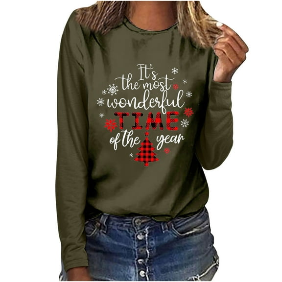 Odeerbi Christmas Tops For Women Long Sleeve Blouses Christmas Tree Print 2025 Casual Round Neck T-shirt Olive Drab