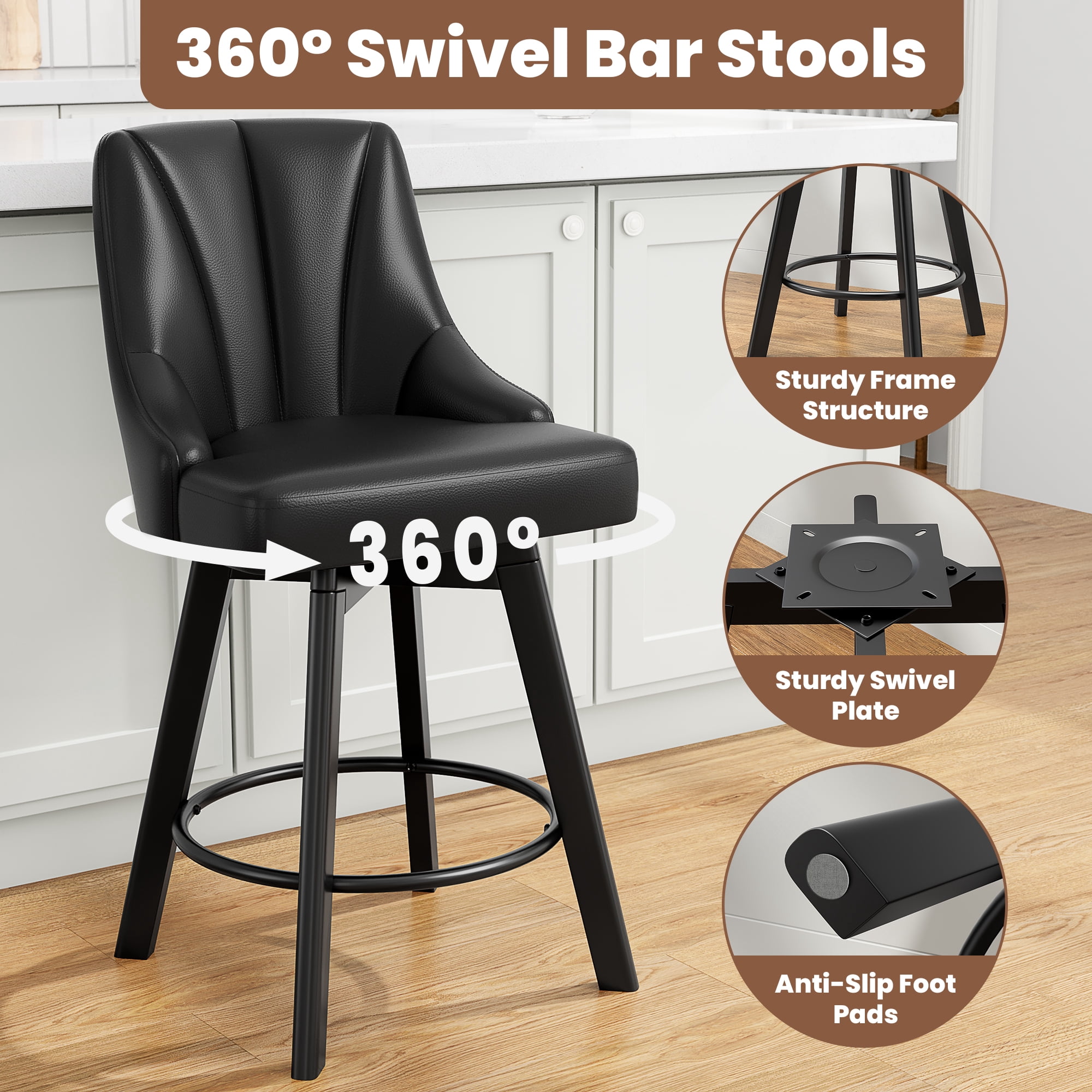 LainTene 24" Counter Height Swivel Bar Stools Set of 6, PU Leather Upholstered Counter Barstools with Solid Wood Legs and Backs for Kitchen Island, Home Bar