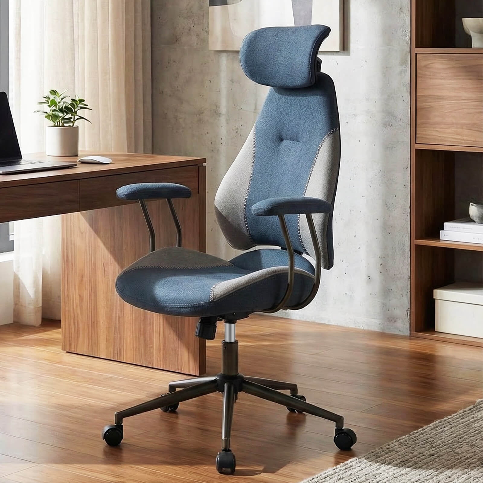 Costway Ergonomic Office Chair with 2D Headrest, Rocking Backrest & Wheels, Gaming Chair Gray & Blue