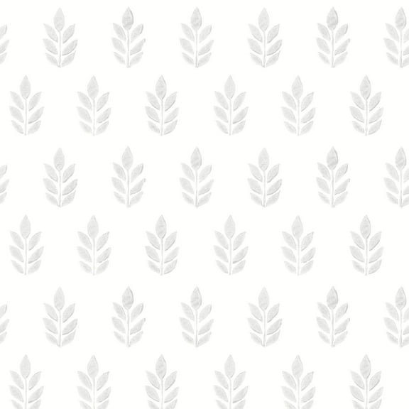 3122-11310 Ervic Light Grey Leaf Block Print Wallpaper with Seven Leafed Frond Inked in Light Grey White Colors Farmhouse Style Prepasted Acrylic Coated Paper