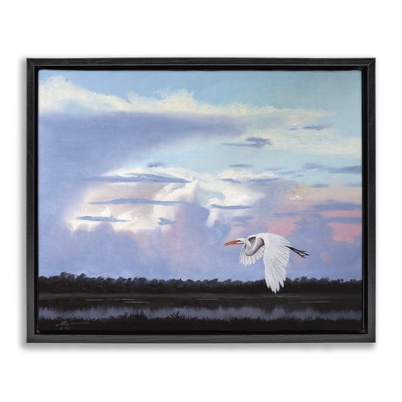 Stupell Industries Coastal Heron Flying Through Clouds Black Floating Frame Canvas Art, 21 x 17, by D. Rust