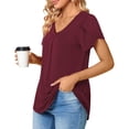 thumbnail image 2 of Camiseta de manga corta con escote en V y pétalos de verano, camiseta informal holgada con cuello en V para mujer, camiseta con mangas de pétalos y cuello en V multifuncional, 2 of 5