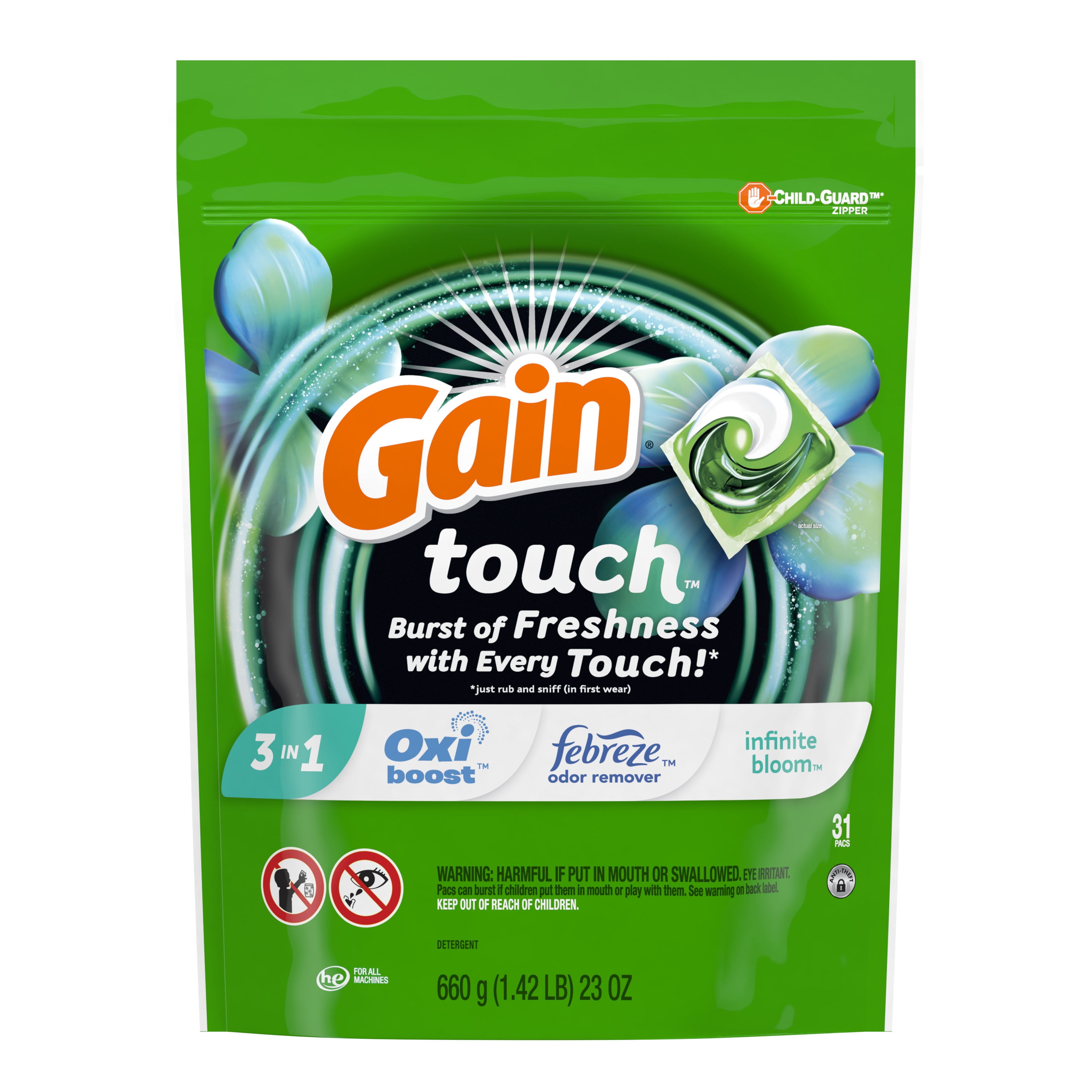 Gain Touch Flings Laundry Detergent Soap Pacs, 31 Ct, Infinite Bloom