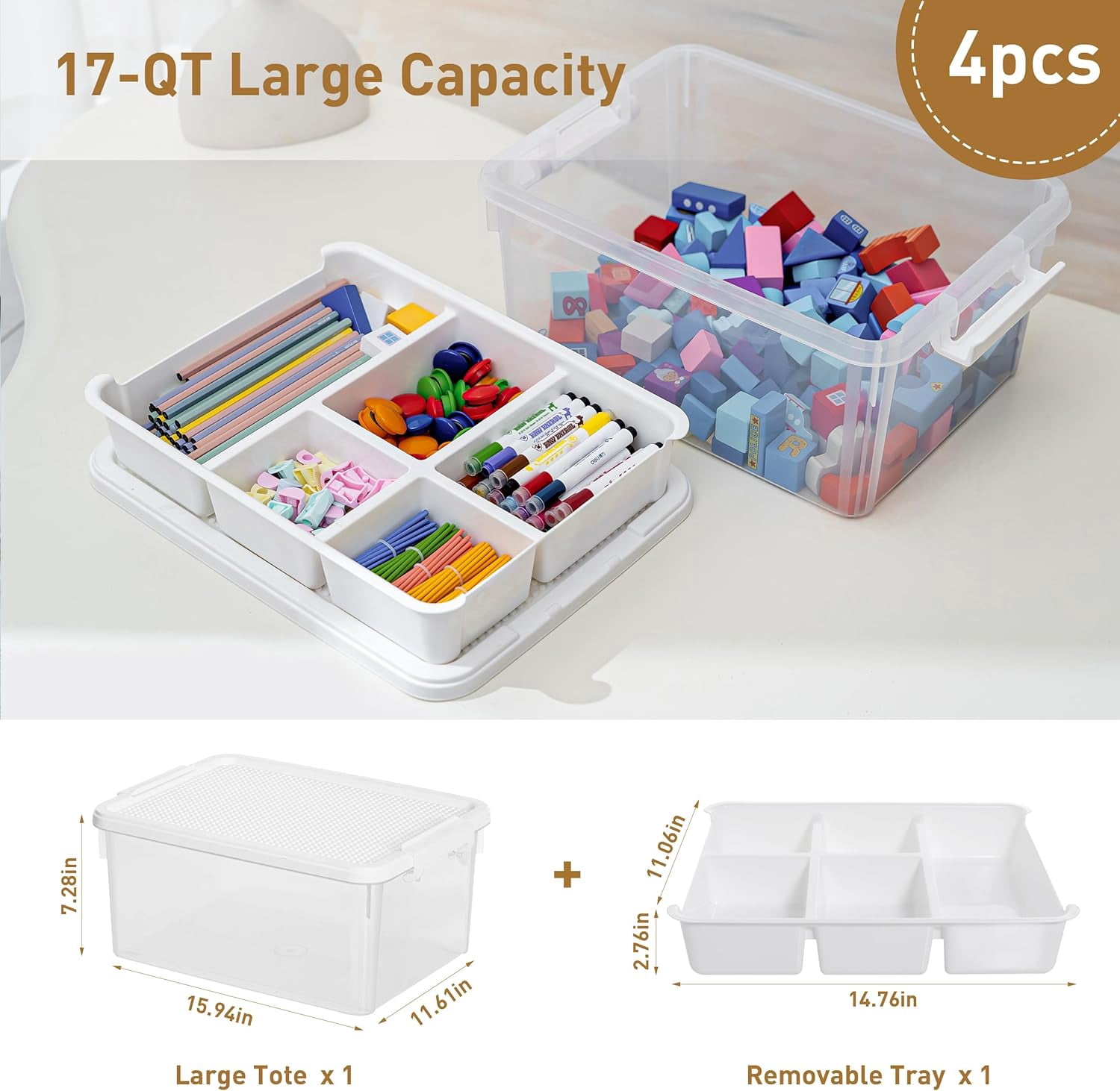Sunny Lane 17 QT Storage Bins with Building Baseplate Lid and Removable Tray Large Plastic Storage Bins Lego Organizers and Storage Bead, Tool, Sewing, 4 Packs