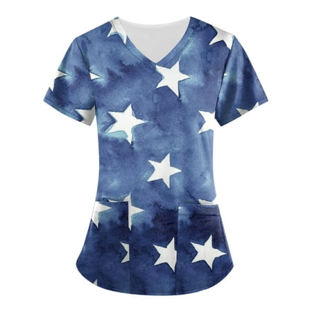 

Sksloeg Scrub Tops Of 2023 4th Of July American Flag Print Short Sleeve V-Neck Lightweight Easy Fit Shirts Tee Tops with Pockets Blue XL