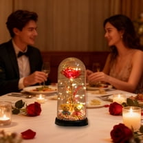 Battery Powered Glass Dome Rose Night Light with Two Bears, LED Preserved Flower Lamp for Valentine's Day and Birthday, Romantic Gift for Her, Warm Glow Bedside Decor, Portable Cordless