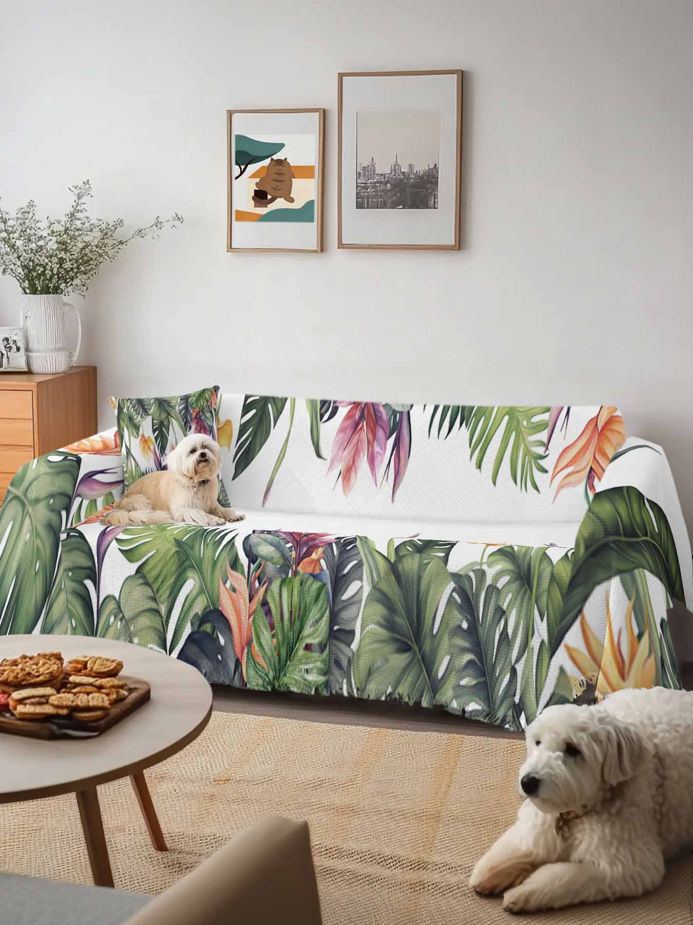 Palm Leaves Couch Cover, Summer Botanical Tropical Plants Sofa Cover Blanket for 3 Cushion Couch,Sectional Sofa Slipcover Furniture Protector for Living Room Bedroom 71''x134''