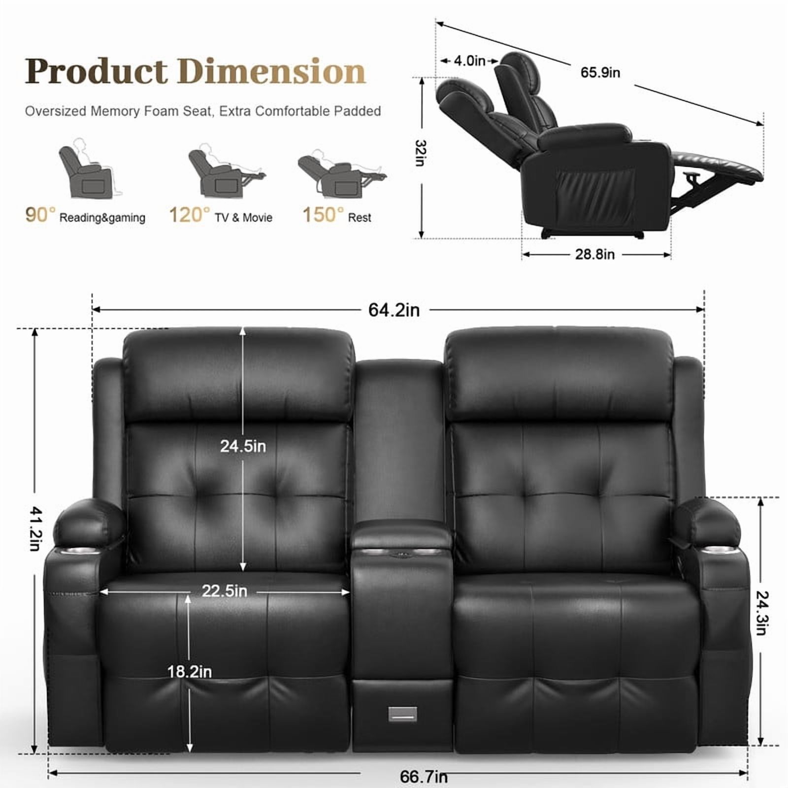 LOBERFVE Recliner Sofa Sets, Massage Reclining Loveseat Sofa, 2 Single Power Recliner Chairs Heat Massage, RV Love Seat Couch with Console, USB, Type C Port for Living Room