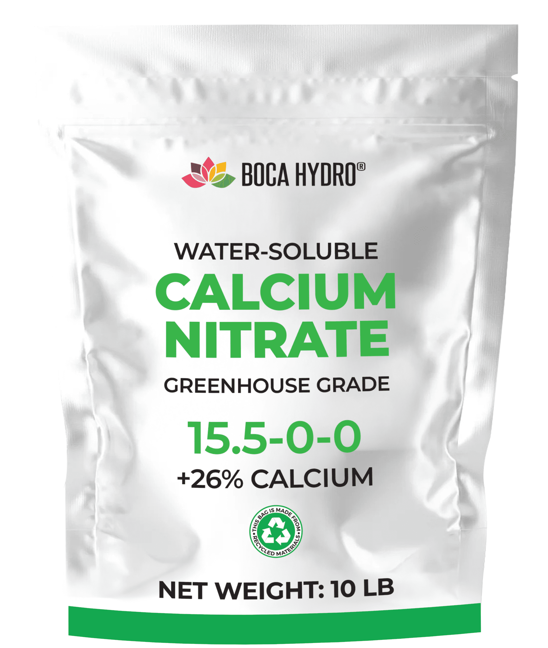 Boca Hydro Calcium Nitrate Fertilizer 15.5-0-0 Plus 26% Calcium – High Purity Greenhouse Grade for Hydroponics, Soil, Fertigation, Foliar – Chloride-Free, Fast-Dissolving