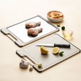 thumbnail image 4 of Double-Sided Cutting Board,Stainless Steel & Plastic Cutting Boards for Kitchen,Pure Titanium and Wheat Straw PP Scratch-Resistant Board,Non Toxic & BPA Free Built-in With Knife Guards & Sharpener, 4 of 5