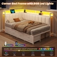 thumbnail image 3 of Corner Bed Frame Twin Size with 6 Storage Drawers, Charging Station & RGB Led Lights, Metal Daybed with Upholstered Guardrail and Storage Shelves, Twin Platform Bed Frame for Teens/Adult, White, 3 of 9
