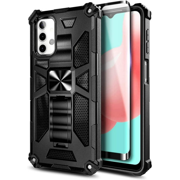 Nagebee for Samsung Galaxy A32 5G Case with Tempered Glass Screen Protector (Full Coverage) Full-Body Protective Shockproof [Military-Grade] Built in Kickstand Heavy-Duty (Black)