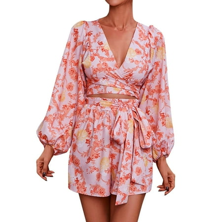 

Women Long Sleeve Tie Knot Front Romper Floral Print Deep V Neck Jumpsuit High Elastic Waist Hem Rompers Body for Women Bodysuits Long Sleeve Jeans Jumpsuits for Women Sequined Romper Overalls