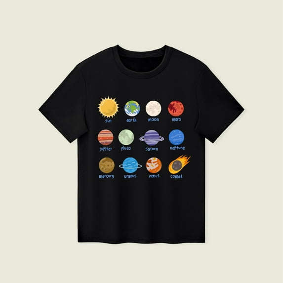 XEGLSBU Boys Short Sleeve Shirts Size 7/8 Summer Planet Printed Boys Girls Casual Crew Neck Short Sleeved T Shirt Tops Black Size 8-9 Years