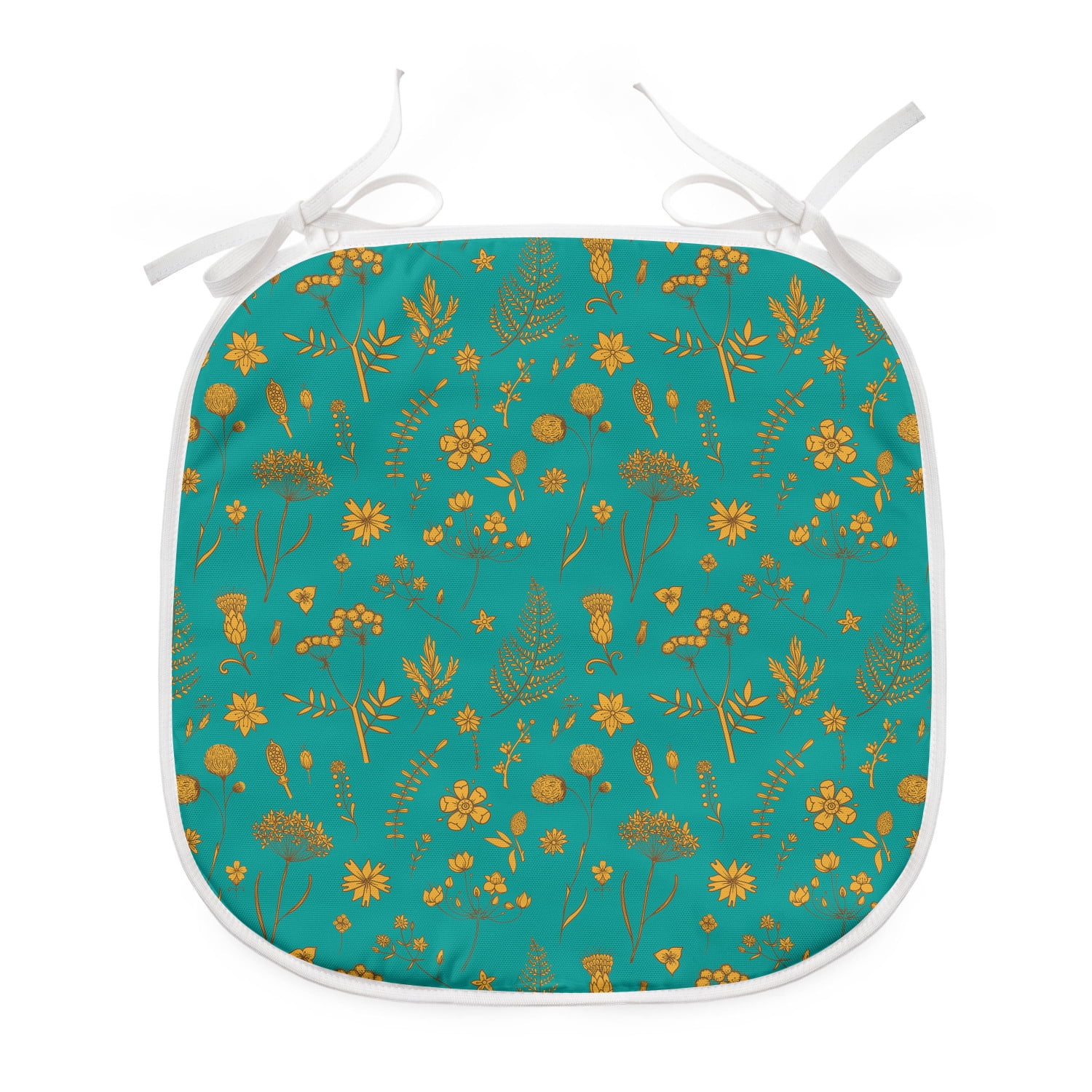 Floral Dining Chair Pad, Continuous Various Herbarium Flowers Botanical