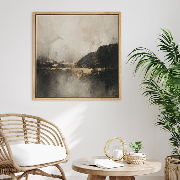 Framed Canvas Print Abstract Misty Lake Landscape Wall Art Neutral Artwork Decoration for Living Room Bedroom - 16"x16" NATURAL Frame
