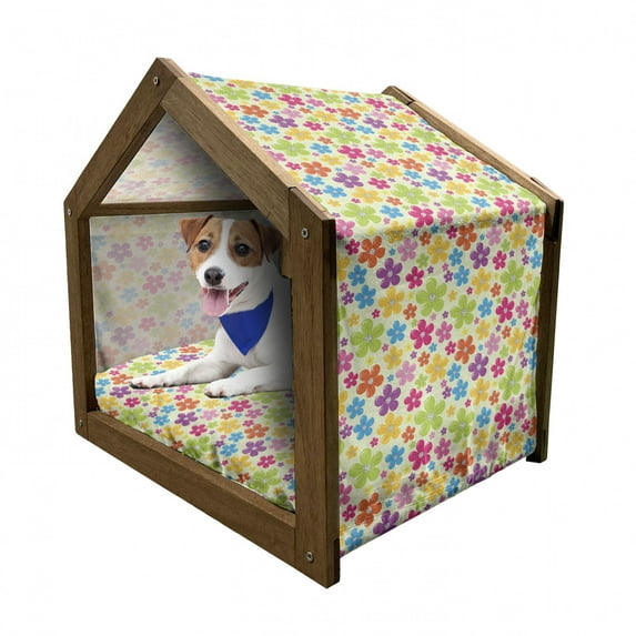 Colorful Pet House, Sixties Inspired Colorful Flowers Hippie Motifs Flourishing Nature Illustration, Outdoor & Indoor Portable Dog Kennel with Pillow and Cover, 5 Sizes, Multicolor, by Ambesonne