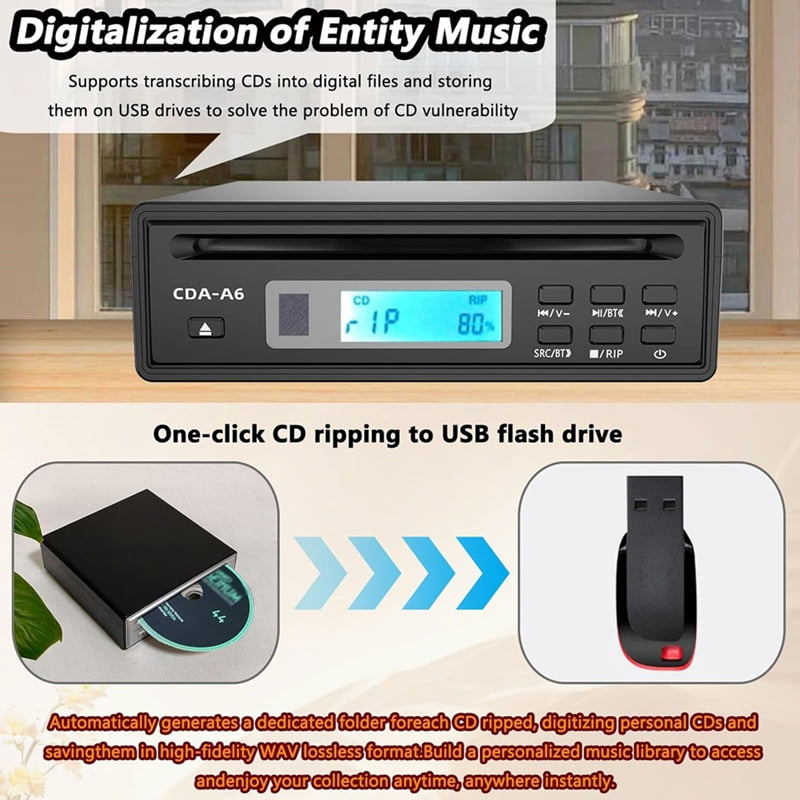 HiFi CD Player for Home,CD Ripper,Bluetooth Car CD Player with USB Ripping, Rip CD to USB, External High-Fidelity Player