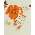 thumbnail image 5 of My First Halloween Baby Boy Outfit Letter Embroidery Long Sleeve Romper Spider Bat Pants and Hat 3Pcs Fall Winter Clothes Set, 5 of 10