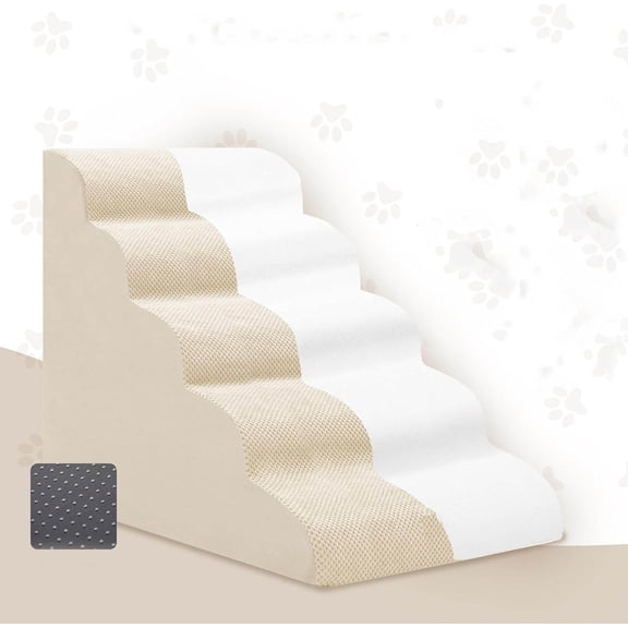 Extra Wide Dog Stairs for Large Dogs, Pet Steps for High Bed with Washable Cover, Foam Bed & Couch Ladder, Beige