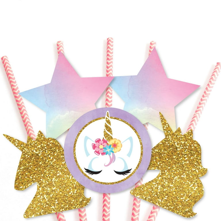Big Dot of Happiness Rainbow Unicorn - Paper Straw Decor - Magical Unicorn  Baby Shower or Birthday Party Striped Decorative Straws - Set of 24