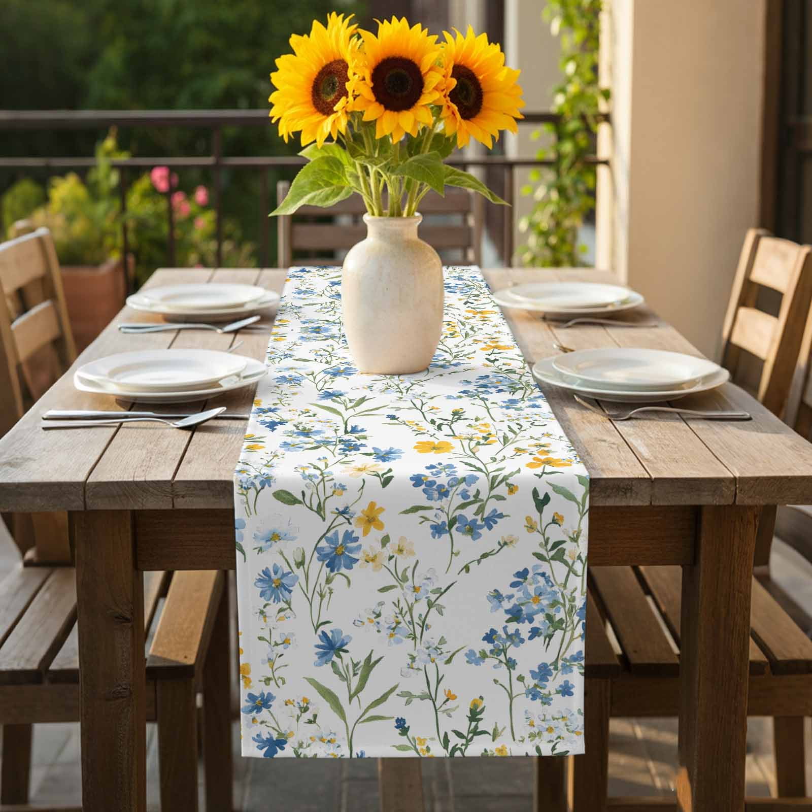 Spring Floral Cotton Linen Table Runner Blue Yellow Wildflower Green Leaves Rustic Dining Table Runners for Home Decor Party Dining Room Restaurant Kitchen 13" x 108"