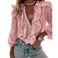 thumbnail image 1 of Gupgi Women Button-down Ruffle Shirt, Adults Solid Color/Letter/Butterfly/Plant Print V-neck Long Sleeve Blouse, 1 of 10