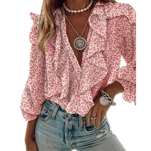 Boiiwant Women Button-down Ruffle Shirt, Adults Solid Color/Letter/Butterfly/Plant Print V-neck Long Sleeve Blouse